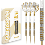 New Red Dragon Paradym darts in gold and silver parallel finishes shown in official packaging, with a £65 cash alternative available.