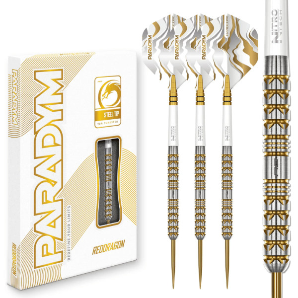 New Red Dragon Paradym darts in gold and silver parallel finishes shown in official packaging, with a £65 cash alternative available.