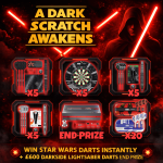 Dark side themed instant win scratch competition image showing “A Dark Scratch Awakens” with Star Wars inspired darts prizes and a £600 end prize