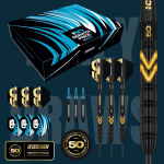 Gerwyn Price 50 Year Limited Edition darts set with black and gold barrels, flights, stems, and presentation box