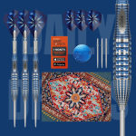 Phil Taylor Power GX2 SP darts set with blue and silver barrels, Swiss Point tips, flights, stems, and accessories