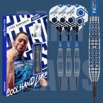 Luke Humphries TX5 darts set with blue and silver barrels, steel tips, flights, stems, and presentation box