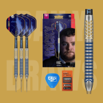Josh Rock G1 SP darts set with blue and gold barrels, Swiss Point tips, flights, stems, and presentation packaging