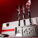 Target Elysian Archtype 43 darts set displayed on presentation stand with premium tungsten barrels