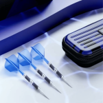 Target 975 Ultra Marine 01 SP darts with blue flights and premium case