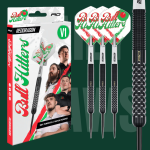 Red Dragon Bullhitters darts set with black grip barrels and green and white flights in retail packaging